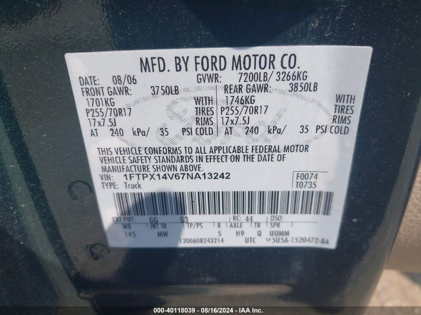 1FTPX14V67NA13242 2007 Ford F-150 Fx4/Lariat/Xl/Xlt