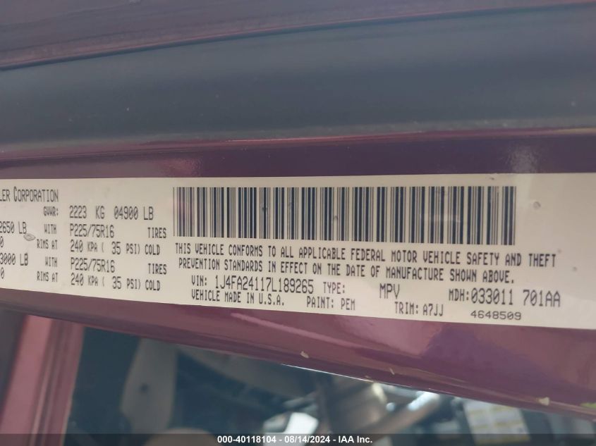 2007 Jeep Wrangler X VIN: 1J4FA24117L189265 Lot: 40118104