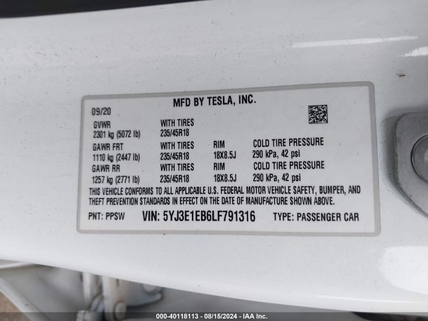 2020 Tesla Model 3 Long Range Dual Motor All-Wheel Drive VIN: 5YJ3E1EB6LF791316 Lot: 40118113