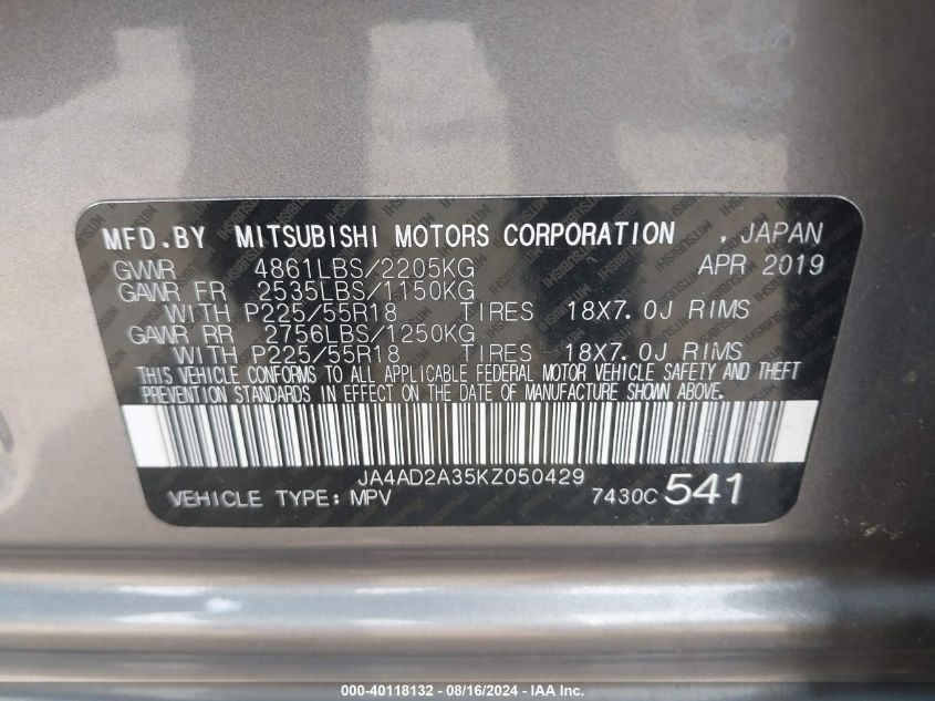 2019 Mitsubishi Outlander Es VIN: JA4AD2A35KZ050429 Lot: 40118132