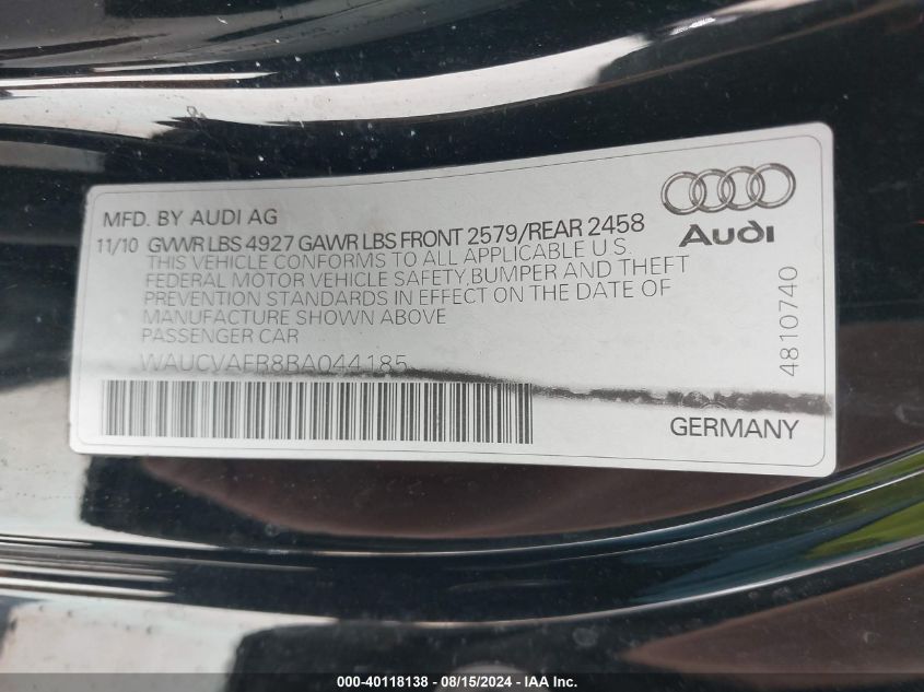 2011 Audi S5 4.2 Premium Plus VIN: WAUCVAFR8BA044185 Lot: 40118138