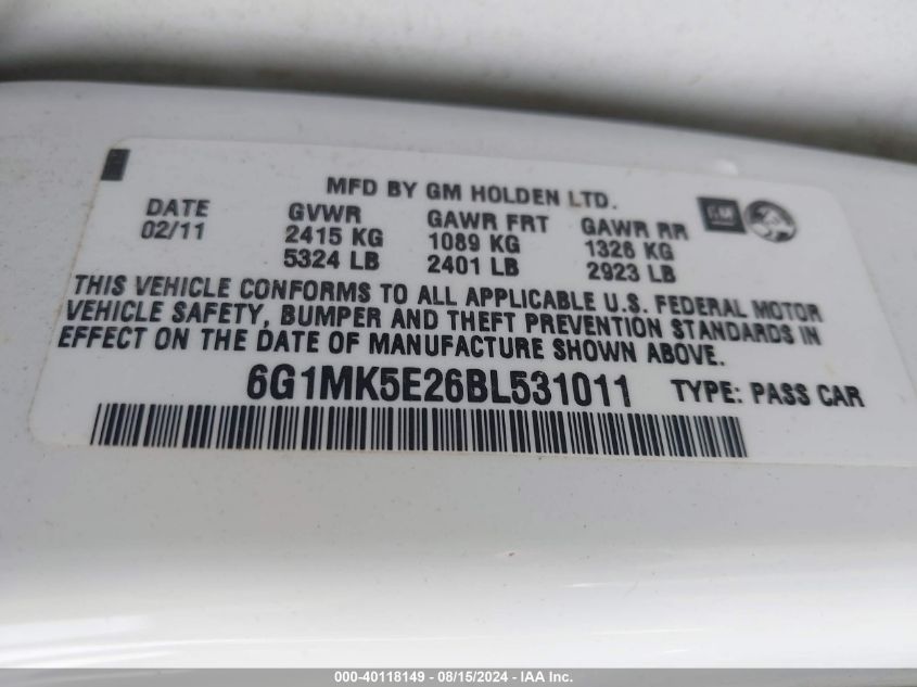 2011 Chevrolet Caprice Police VIN: 6G1MK5E26BL531011 Lot: 40118149