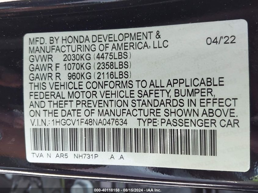 2022 Honda Accord Sport Special Edition VIN: 1HGCV1F48NA047634 Lot: 40118158