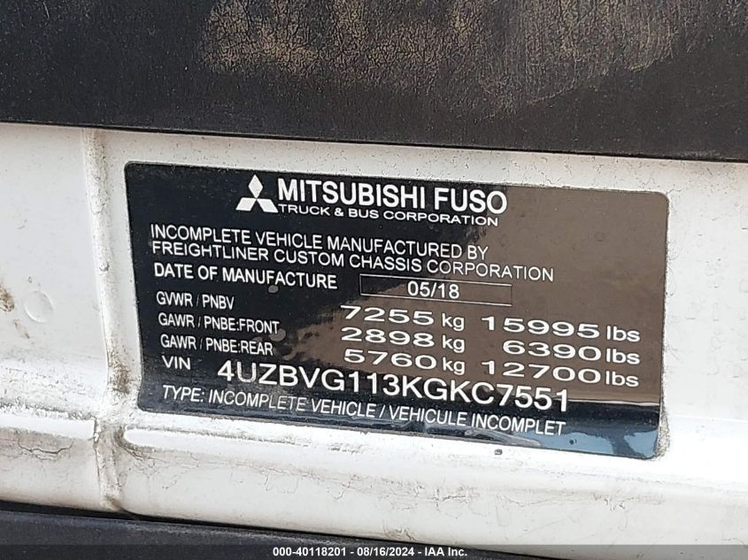 2019 Mitsubishi Fec7Ts VIN: 4UZBVG113KGKC7551 Lot: 40118201