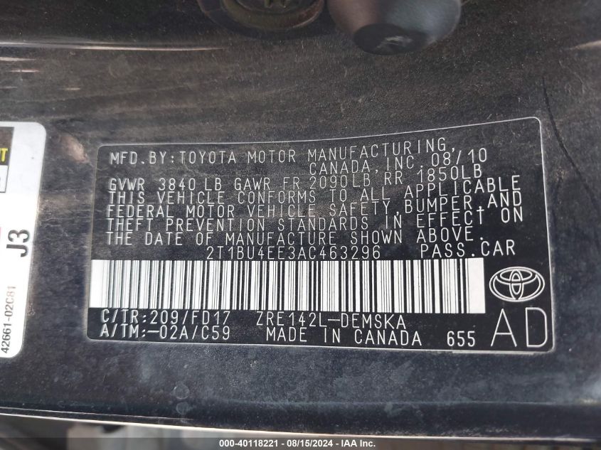 2010 Toyota Corolla S VIN: 2T1BU4EE3AC463296 Lot: 40118221