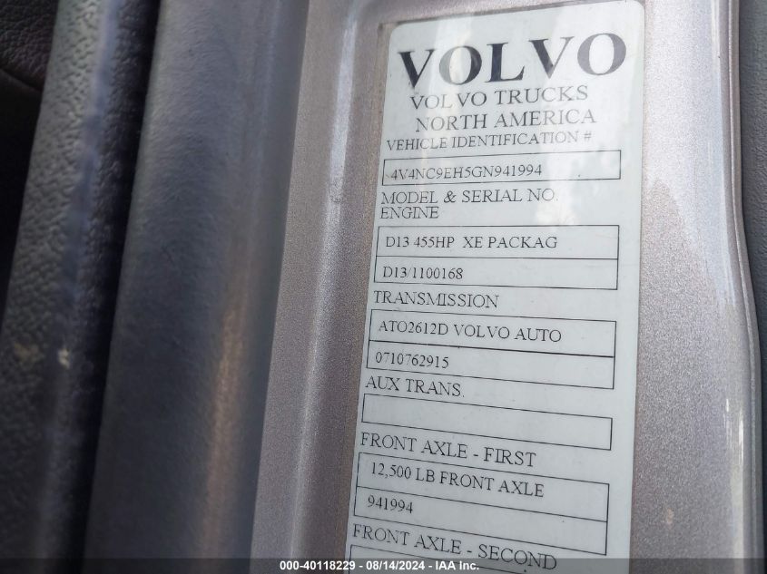 2016 Volvo Vn Vnl VIN: 4V4NC9EH5GN941994 Lot: 40118229