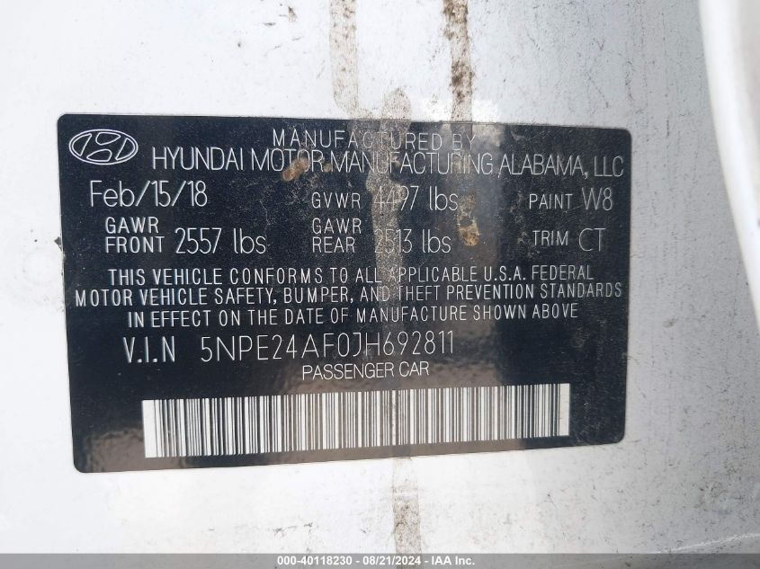 2018 Hyundai Sonata Se VIN: 5NPE24AF0JH692811 Lot: 40118230