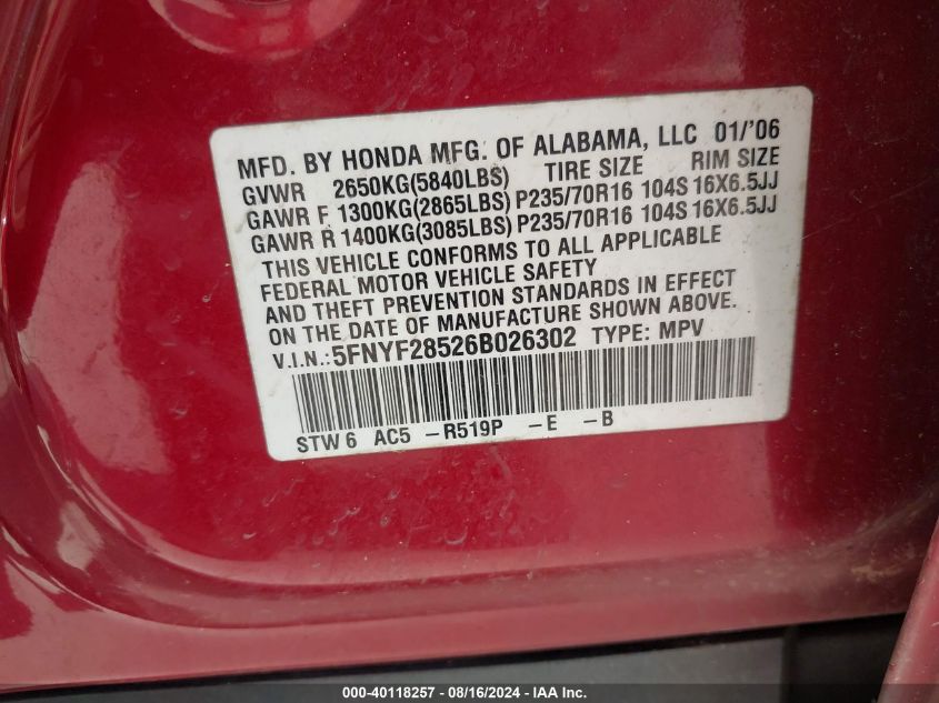 2006 Honda Pilot Ex VIN: 5FNYF28526B026302 Lot: 40118257