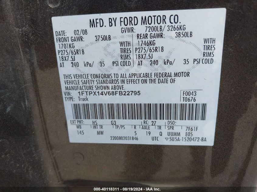 2008 Ford F-150 Fx4/Lariat/Xl/Xlt VIN: 1FTPX14V68FB22795 Lot: 40118311