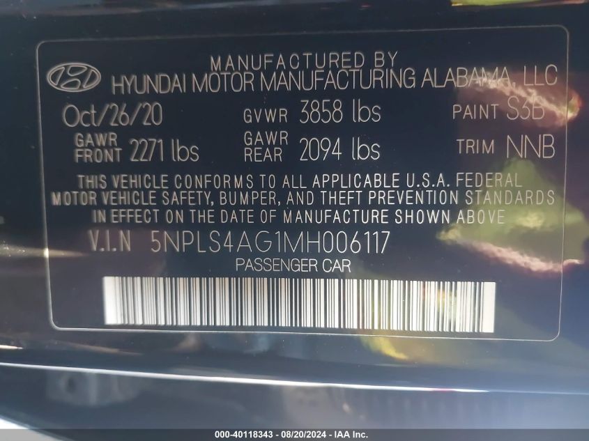 2021 Hyundai Elantra Sel VIN: 5NPLS4AG1MH006117 Lot: 40118343