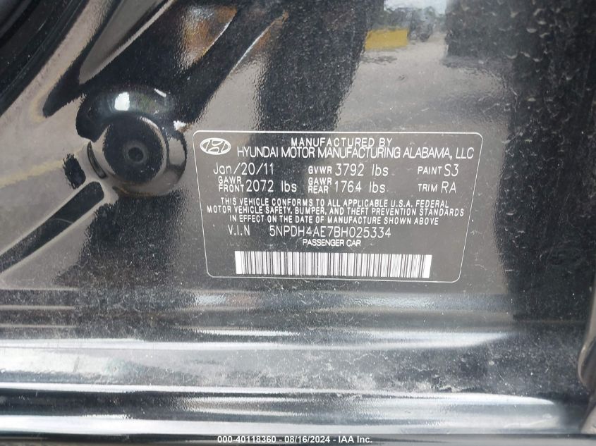 2011 Hyundai Elantra Gls VIN: 5NPDH4AE7BH025334 Lot: 40118360