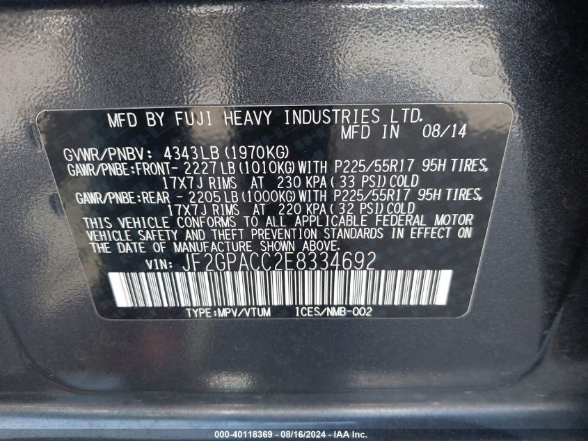 2014 SUBARU XV CROSSTREK 2.0I PREMIUM - JF2GPACC2E8334692