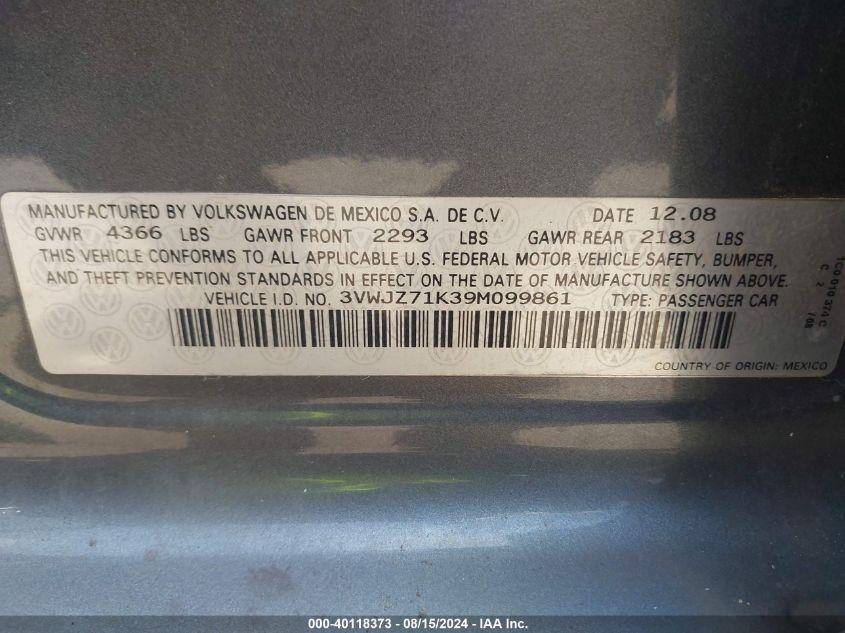 2009 Volkswagen Jetta S VIN: 3VWJZ71K39M099861 Lot: 40118373