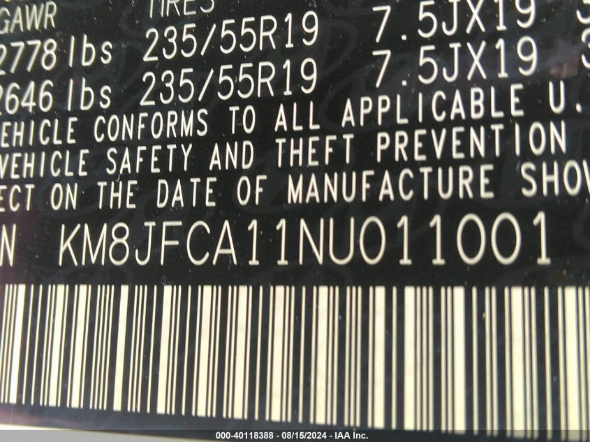 2022 Hyundai Tucson Hybrid Sel Convenience VIN: KM8JFCA11NU011001 Lot: 40118388