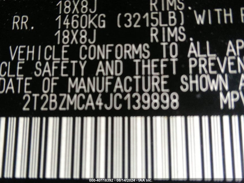 VIN 2T2BZMCA4JC139898 2018 LEXUS RX 350