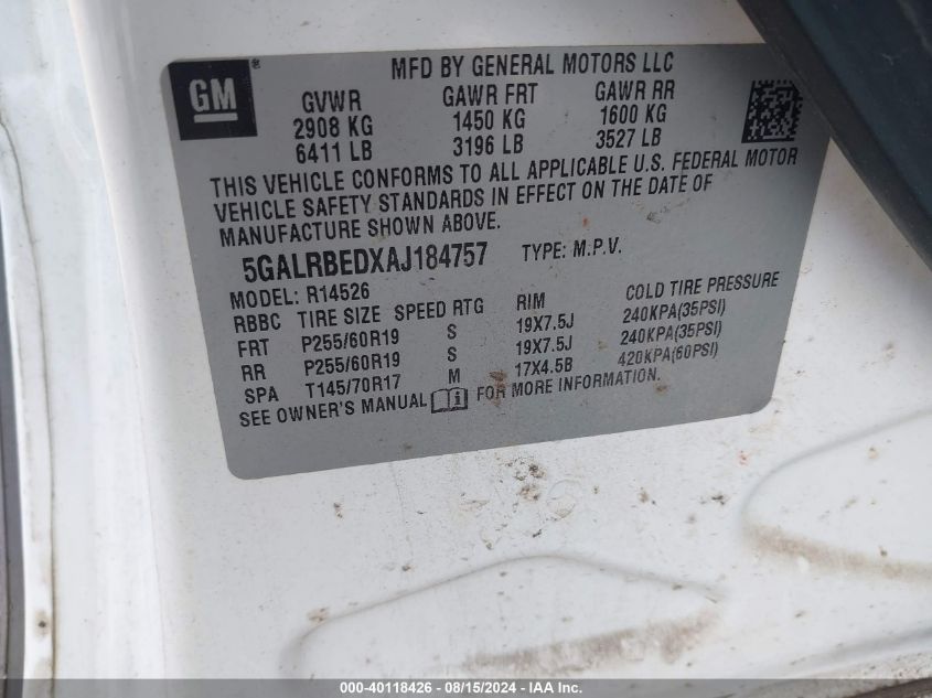 2010 Buick Enclave 1Xl VIN: 5GALRBEDXAJ184757 Lot: 40118426