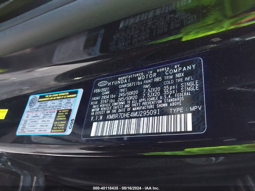 KM8R7DHE4MU295091 2021 Hyundai Palisade Calligraphy