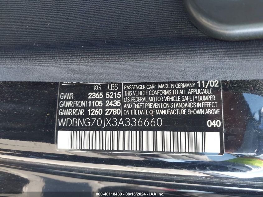 2003 Mercedes-Benz S 430 VIN: WDBNG70JX3A336660 Lot: 40118439