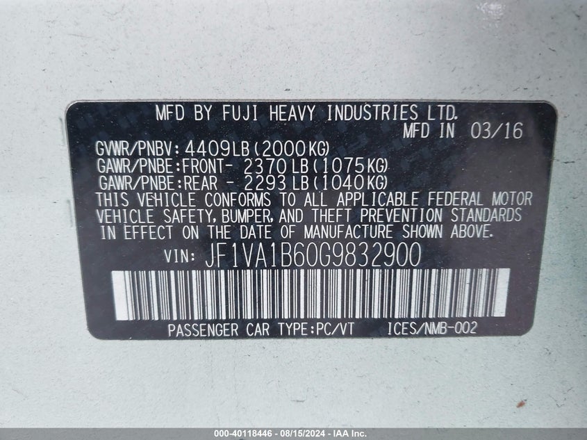 2016 SUBARU WRX - JF1VA1B60G9832900