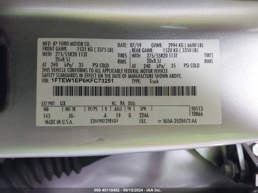 2019 Ford F-150 Xl VIN: 1FTEW1EP6KFC73251 Lot: 40118452