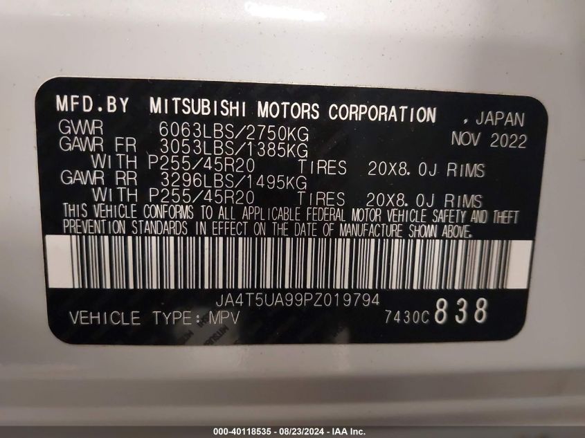 2023 Mitsubishi Outlander Phev Se S-Awc VIN: JA4T5UA99PZ019794 Lot: 40118535