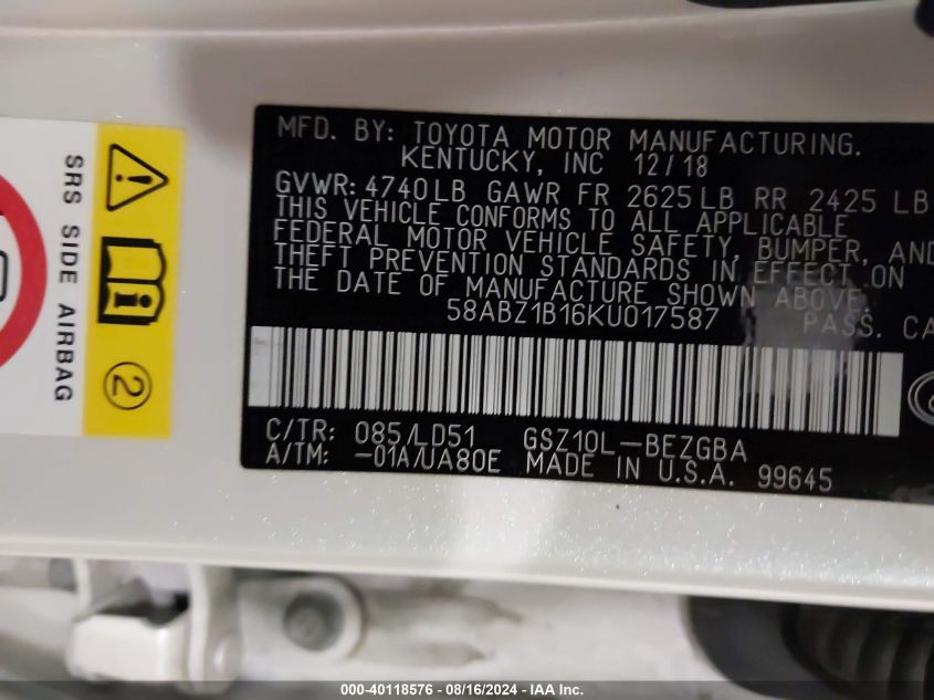 2019 Lexus Es 350 VIN: 58ABZ1B16KU017587 Lot: 40118576