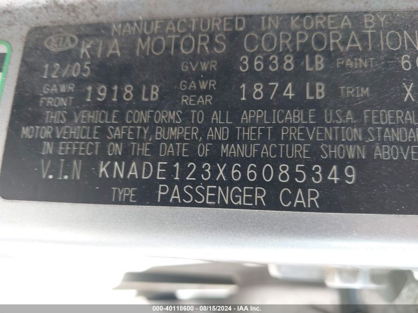 KNADE123X66085349 2006 Kia Rio Lx