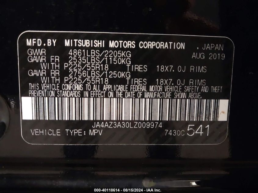 2020 Mitsubishi Outlander Es 2.4 S-Awc VIN: JA4AZ3A30LZ009974 Lot: 40118614