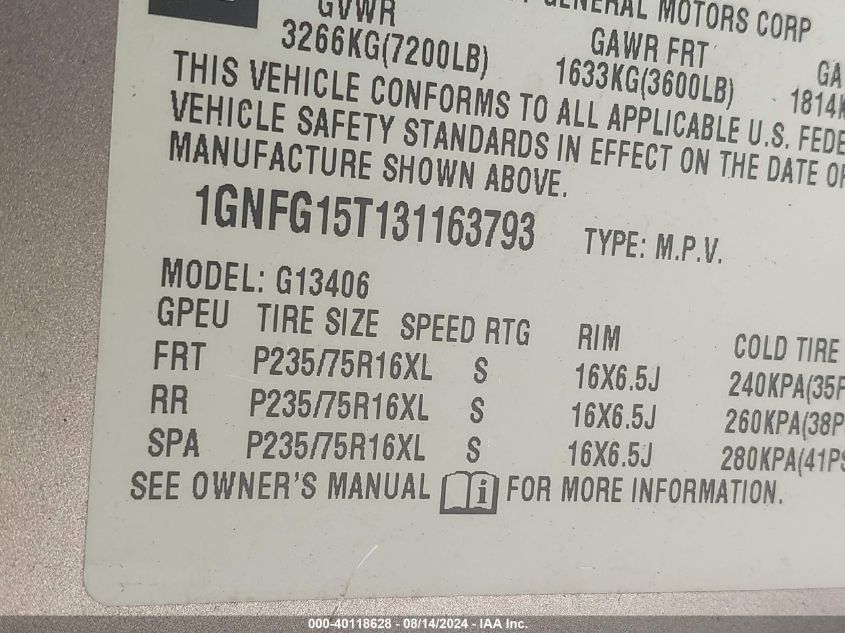 2003 Chevrolet Express VIN: 1GNFG15T131163793 Lot: 40118628