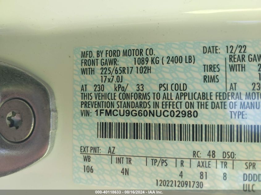 2022 Ford Escape Se VIN: 1FMCU9G60NUC02980 Lot: 40118633