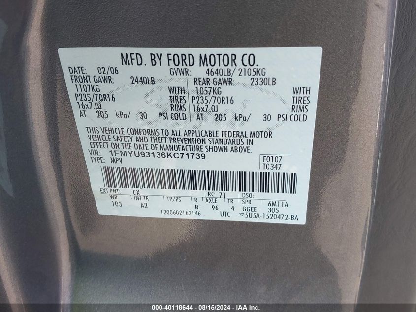 2006 Ford Escape Xlt VIN: 1FMYU93136KC71739 Lot: 40118644