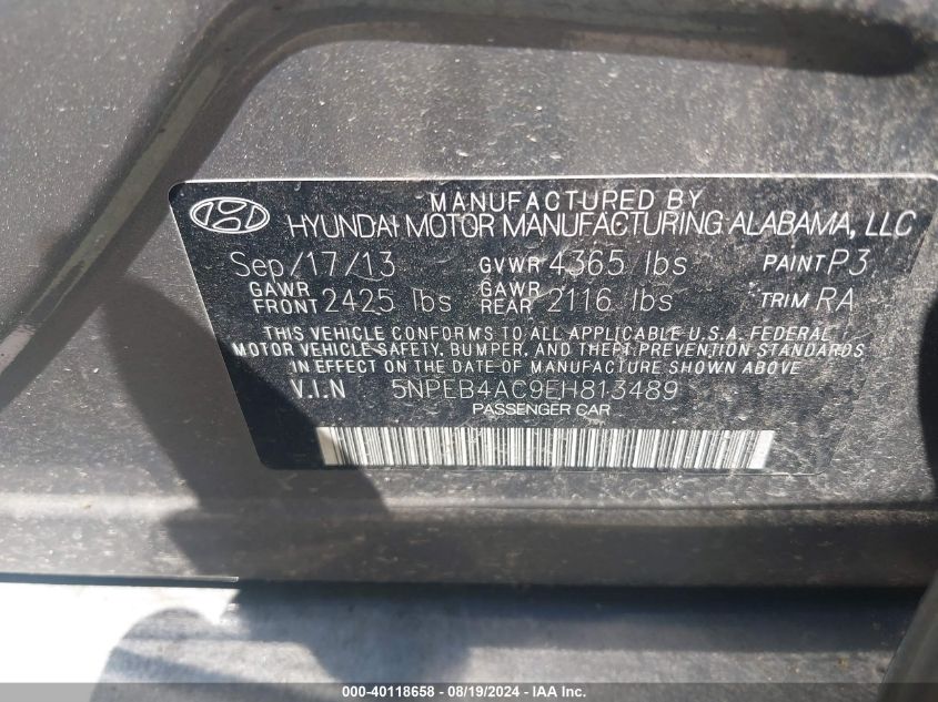 VIN 5NPEB4AC9EH813489 2014 Hyundai Sonata, Gls no.9