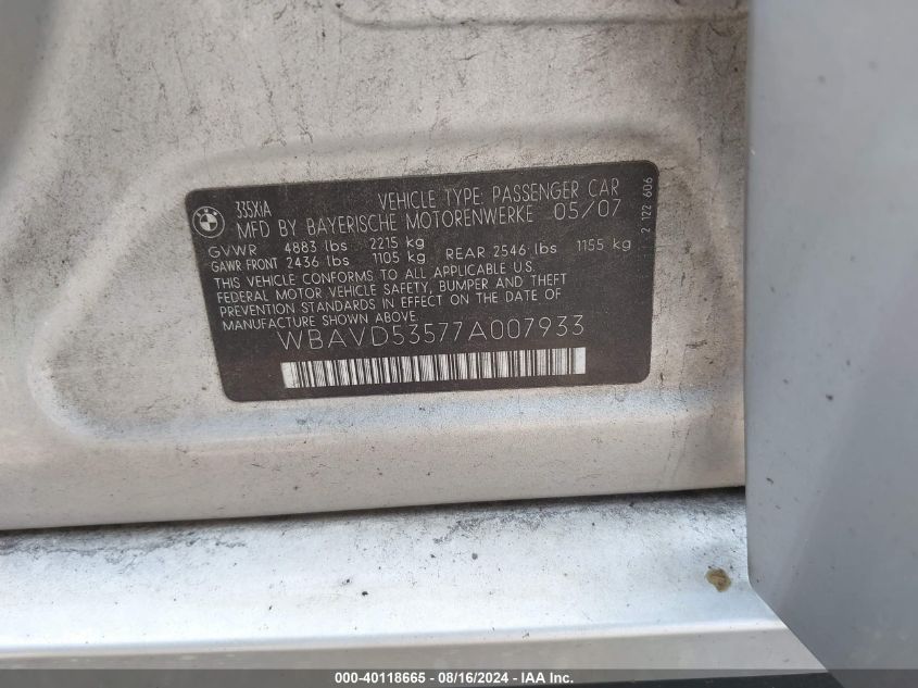 2007 BMW 335Xi VIN: WBAVD53577A007933 Lot: 40118665