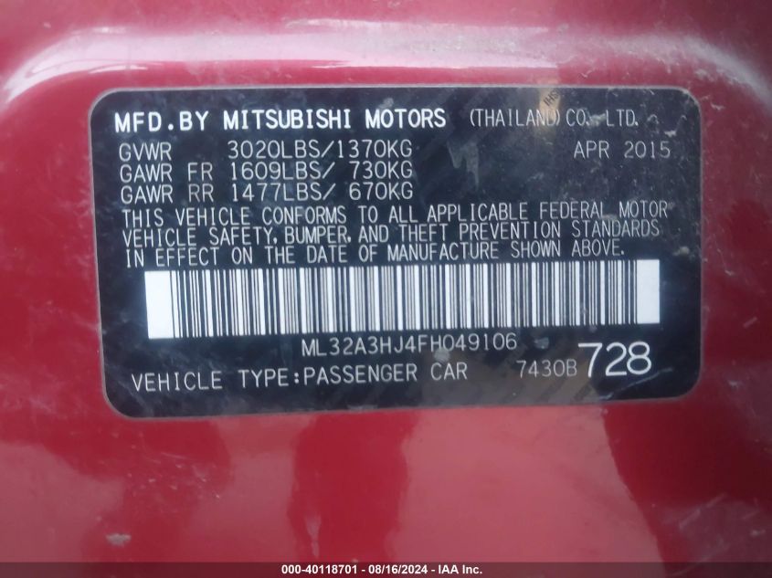 2015 Mitsubishi Mirage De VIN: ML32A3HJ4FH049106 Lot: 40118701