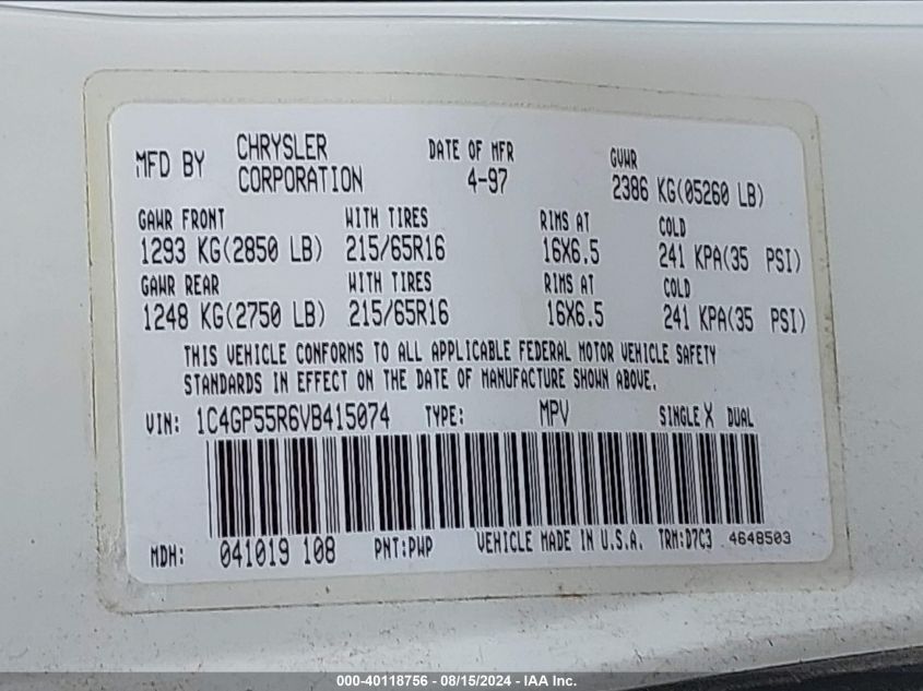 1997 Chrysler Town & Country Sx VIN: 1C4GP55R6VB415074 Lot: 40118756