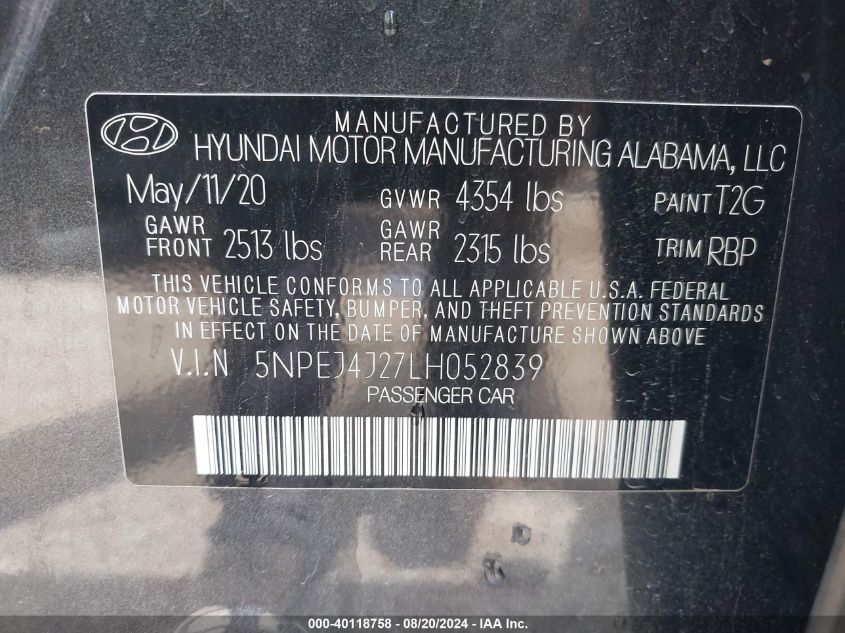 2020 Hyundai Sonata Sel Plus VIN: 5NPEJ4J27LH052839 Lot: 40118758