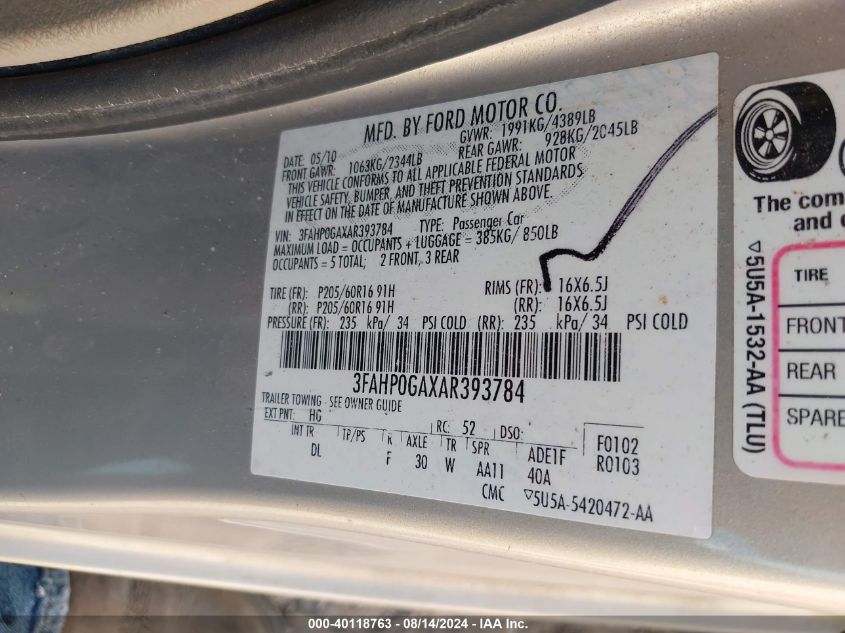 2010 Ford Fusion S VIN: 3FAHP0GAXAR393784 Lot: 40118763