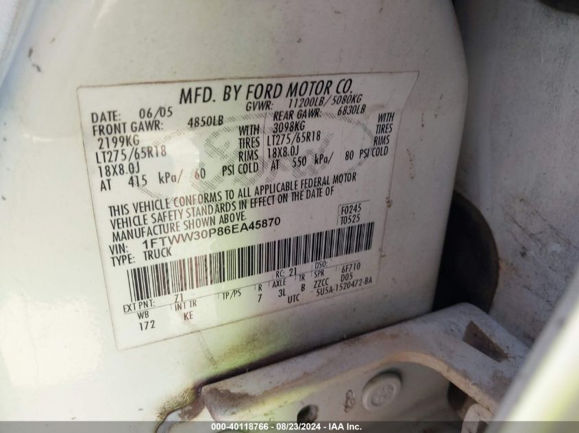 2006 Ford F-350 King Ranch/Lariat/Xl/Xlt VIN: 1FTWW30P86EA45870 Lot: 40118766