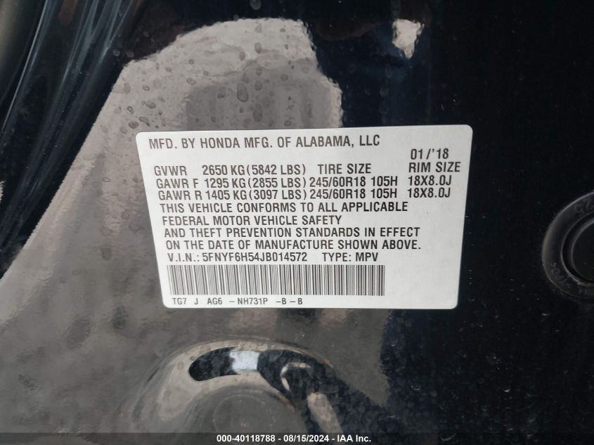 2018 Honda Pilot Ex-L VIN: 5FNYF6H54JB014572 Lot: 40118788