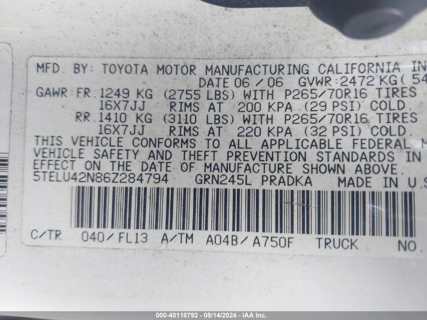 2006 Toyota Tacoma Base V6 VIN: 5TELU42N86Z284794 Lot: 40118792