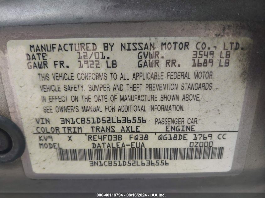 2002 Nissan Sentra Gxe VIN: 3N1CB51D52L636556 Lot: 40118794