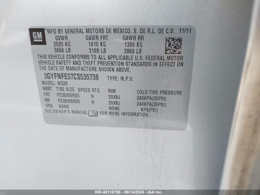 2012 Cadillac Srx Premium Collection VIN: 3GYFNFE37CS535738 Lot: 40122181