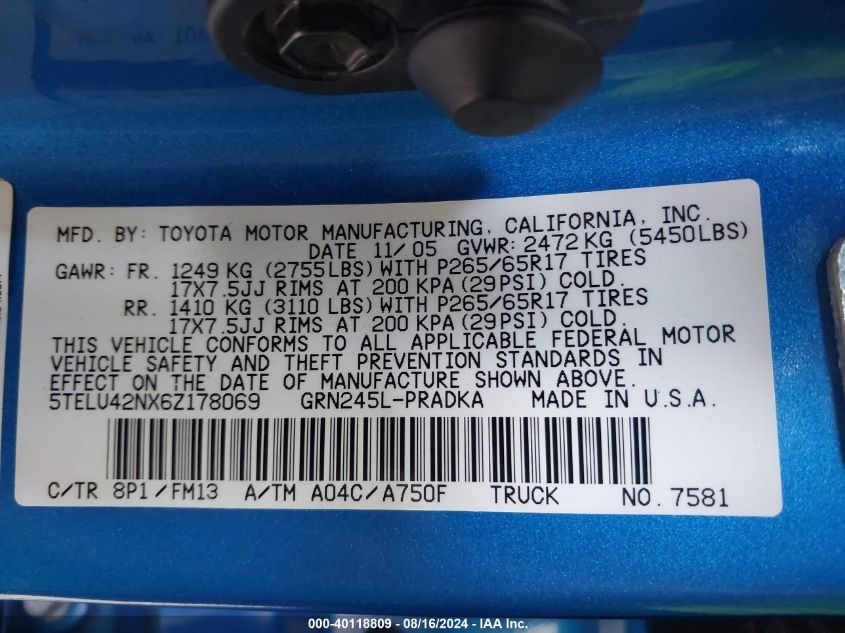 5TELU42NX6Z178069 2006 Toyota Tacoma Base V6