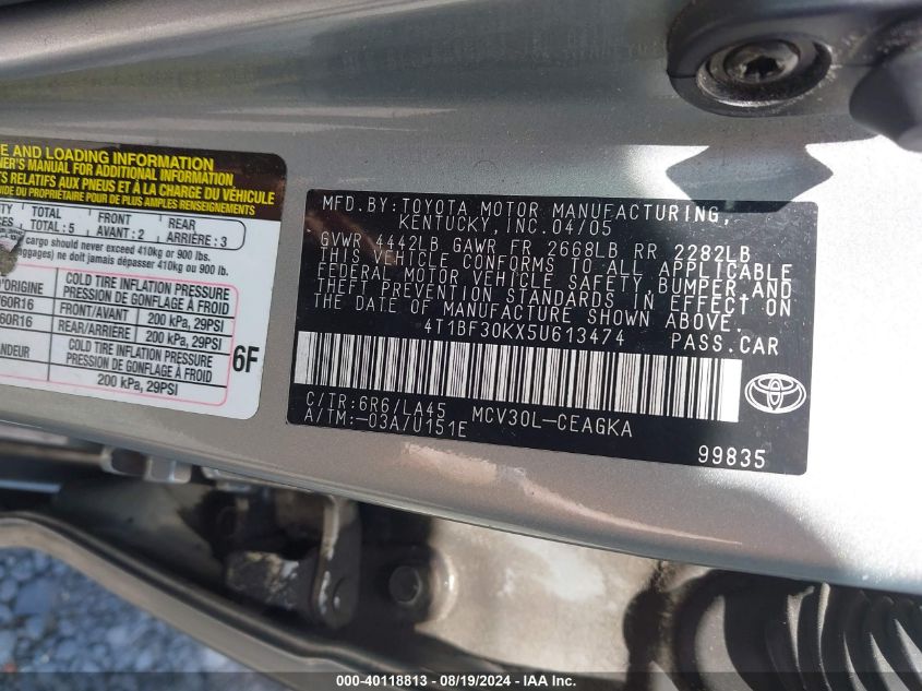 4T1BF30KX5U613474 2005 Toyota Camry Le/Xle/Se