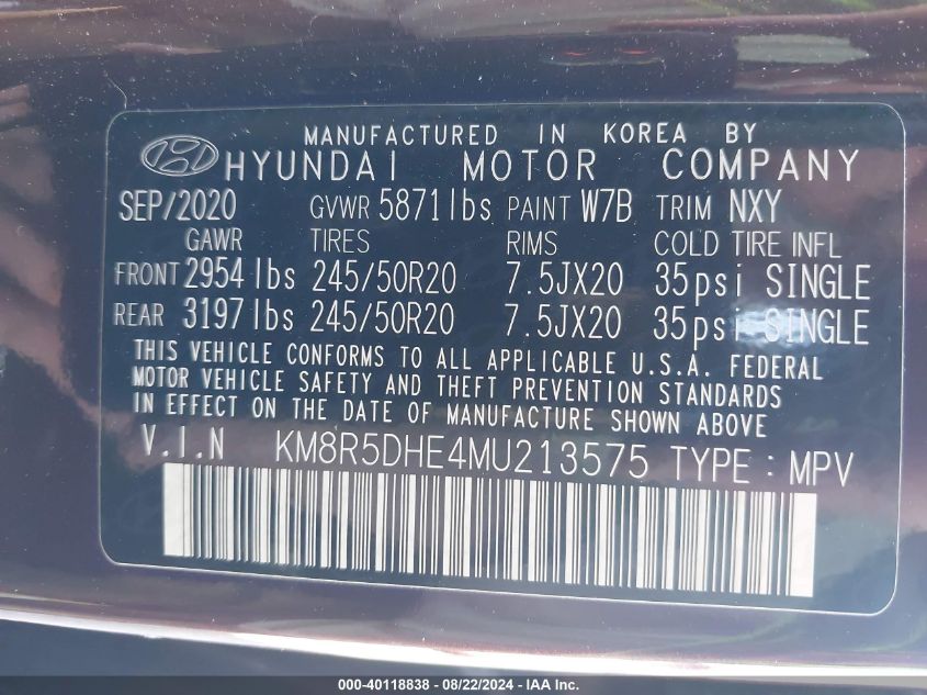 2021 Hyundai Palisade Limited VIN: KM8R5DHE4MU213575 Lot: 40118838