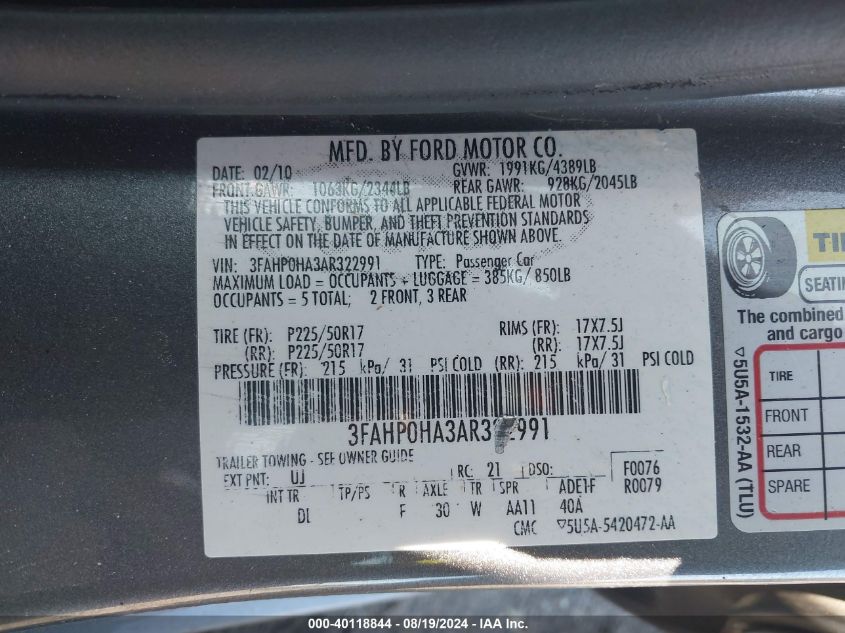 2010 Ford Fusion Se VIN: 3FAHP0HA3AR322991 Lot: 40118844