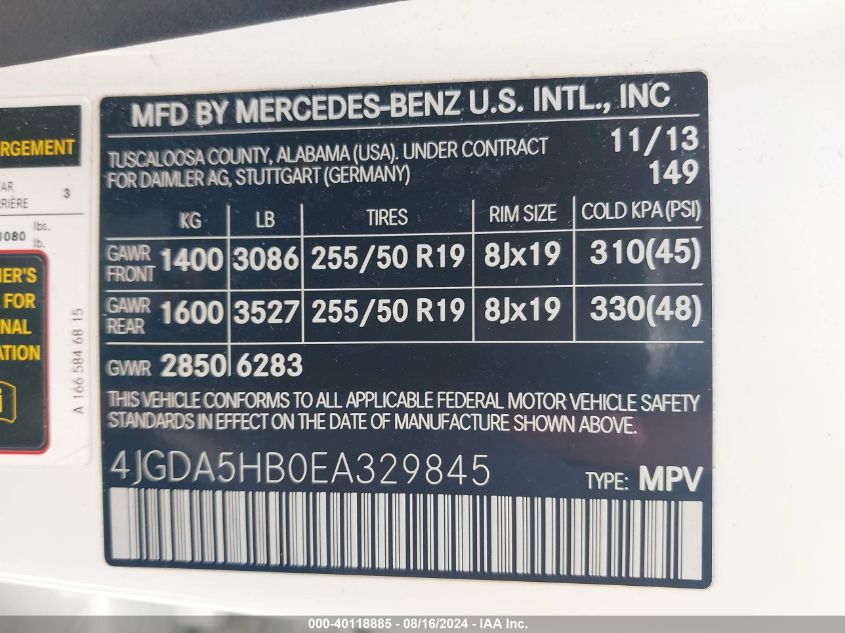 2014 Mercedes-Benz Ml 350 4Matic VIN: 4JGDA5HB0EA329845 Lot: 40118885