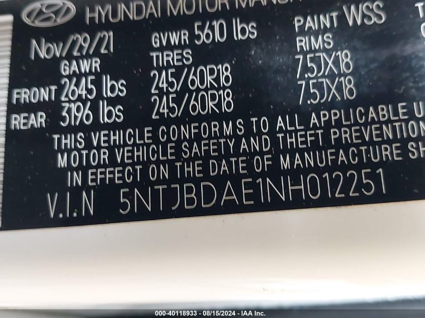 2022 HYUNDAI SANTA CRUZ SEL - 5NTJBDAE1NH012251