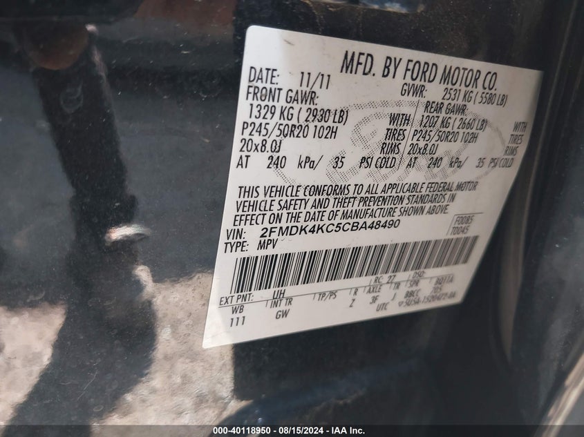 2012 Ford Edge Limited VIN: 2FMDK4KC5CBA48490 Lot: 40118950