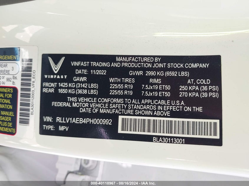 VIN: RLLV1AEB4PH000992 2023 VINFAST VF 8 ECO
